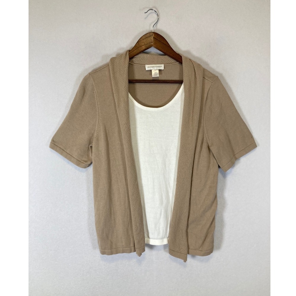 Coastal Grandma Christopher & Banks Womens L Tan Short Sleeve Cardigan Tank Set